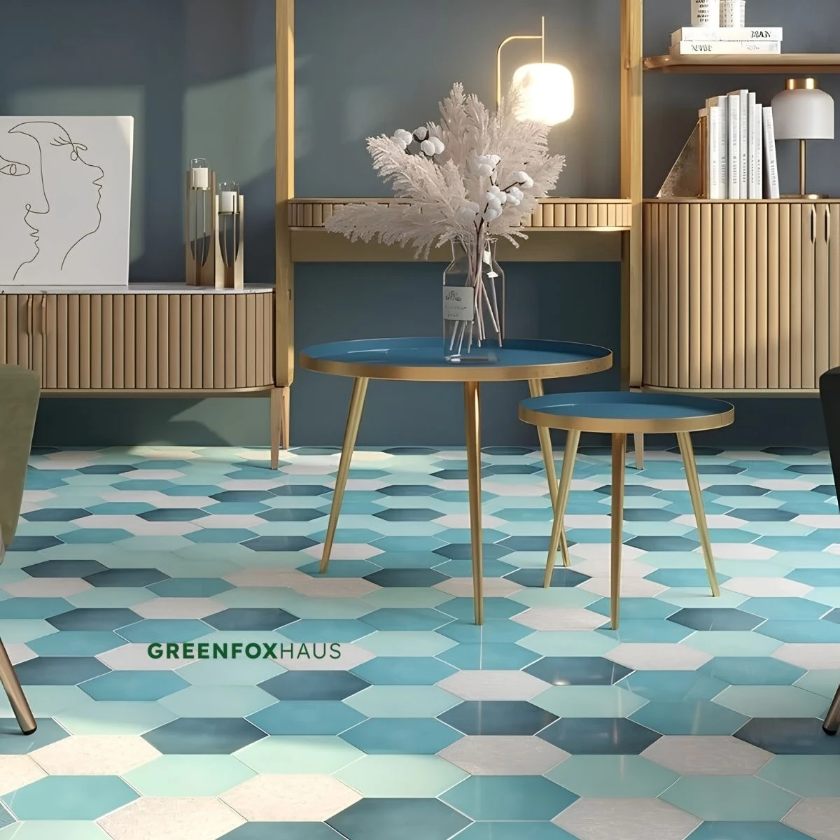 Gạch mosaic lục giác xanh dương lát nền phòng khách hiện đại