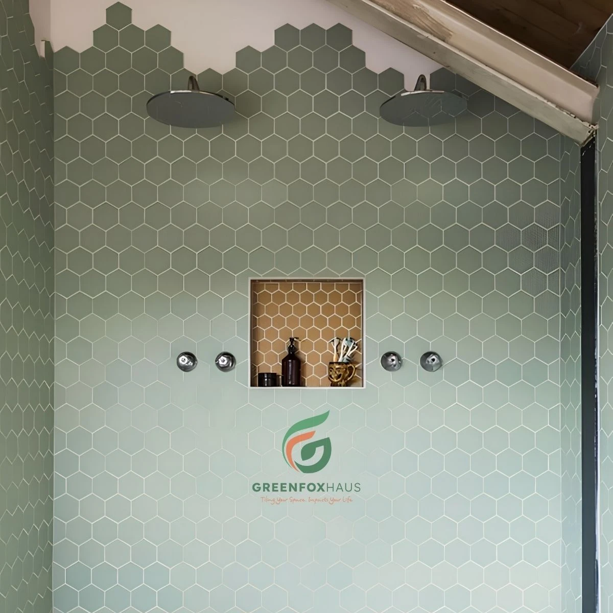 Gạch mosaic lục giác xanh mint ốp tường phòng tắm tối giản