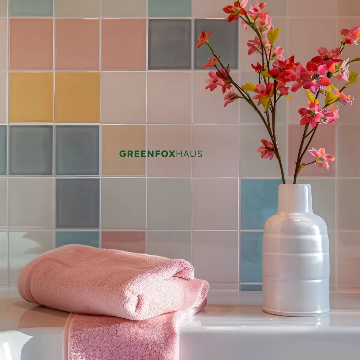 Gạch mosaic vuông pastel ốp lavabo phòng tắm tối giản