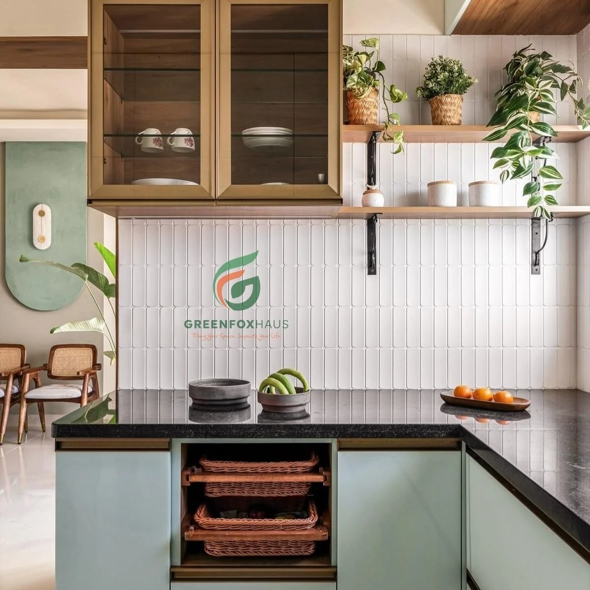 Gạch thẻ mosaic trắng ốp bếp phong cách Wabi sabi hiện đại