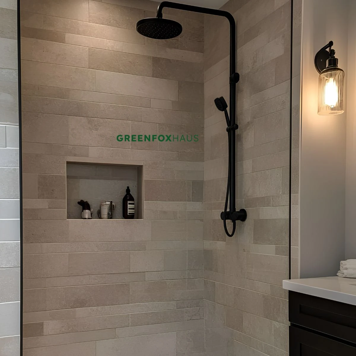 Mẫu gạch thẻ giả đá ốp tường khu vực tắm đứng tông beige xám phong cách hiện đại