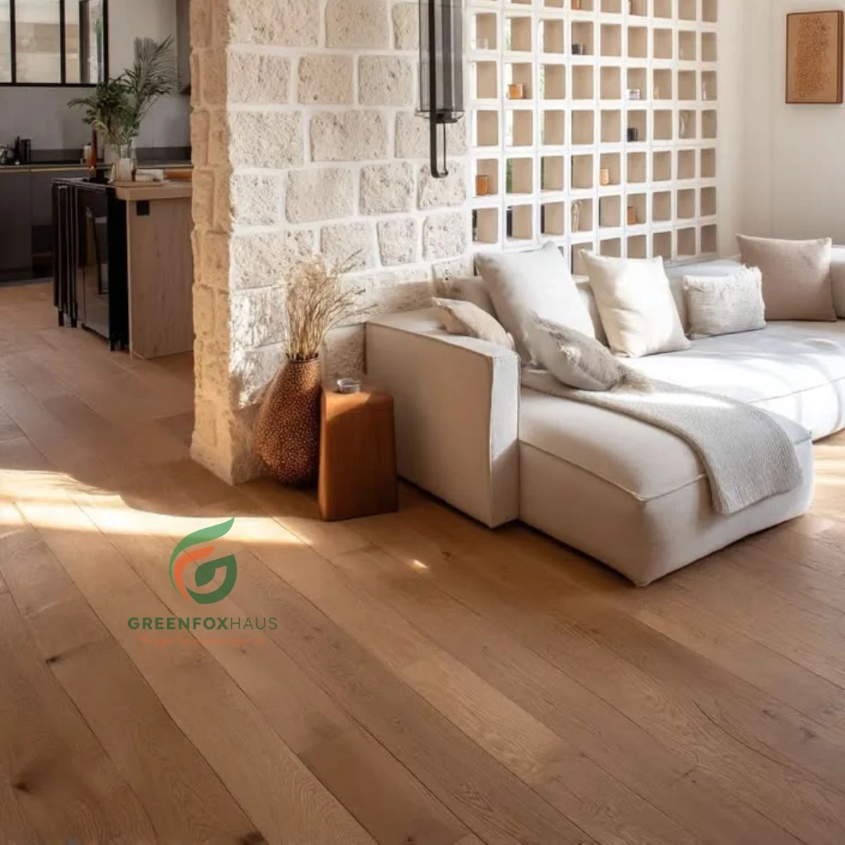 Gạch nền giả gỗ phối gạch thông gió đất nung tạo không gian phòng khách phong cách Wabi Sabi hiện đại