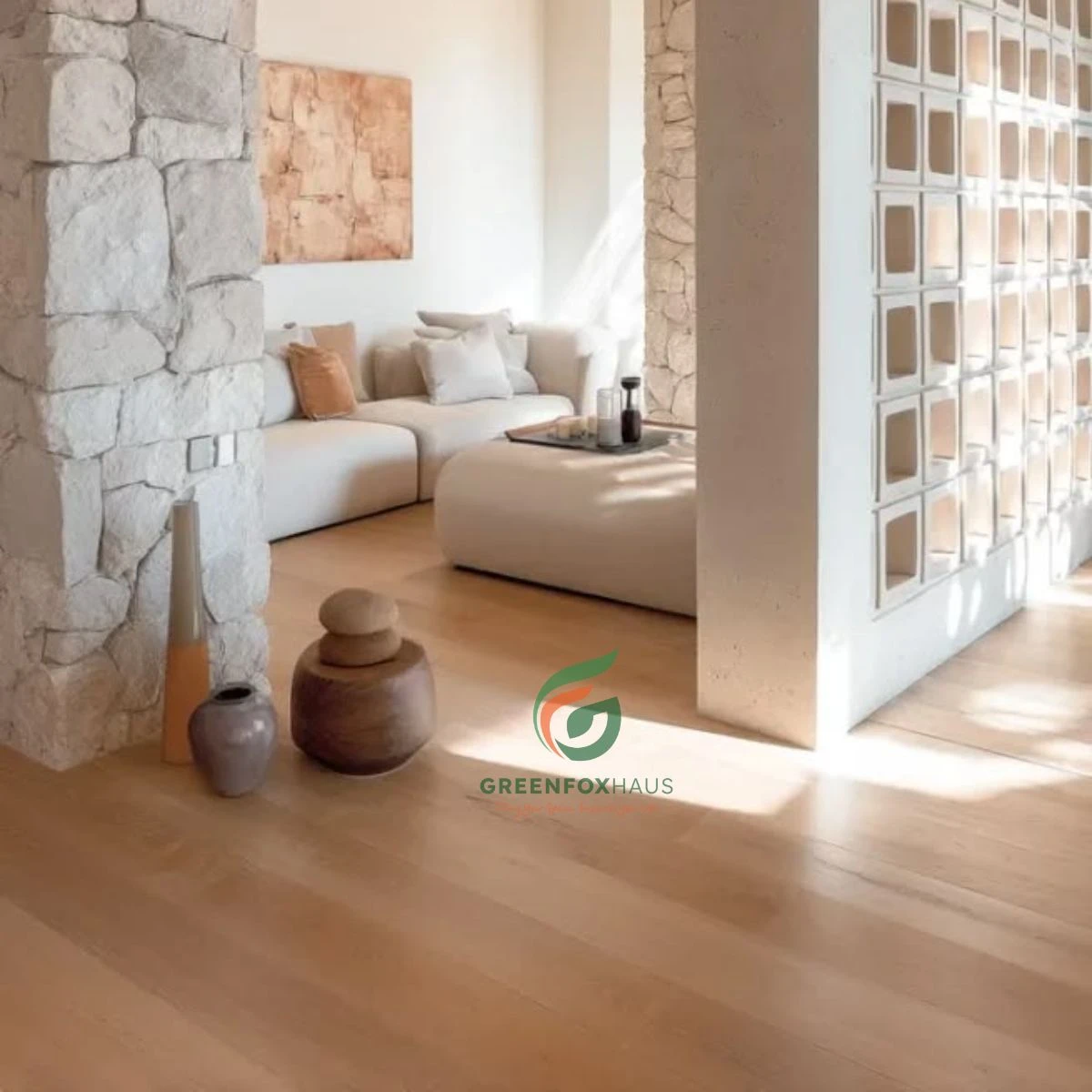 Gạch porcelain giả gỗ kết hợp gạch bông gió và tường đá mang phong cách Đông Dương tinh tế