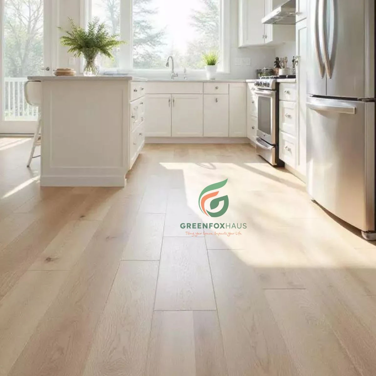 Gạch vân gỗ lát nền nhà bếp tông sáng tự nhiên giúp không gian sạch sẽ và rộng thoáng hơn