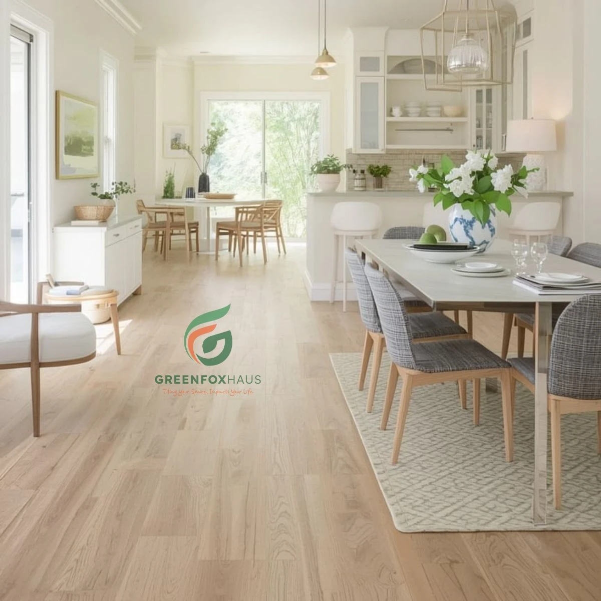 Gạch nền vân gỗ lát xuyên suốt phòng bếp và phòng ăn tạo không gian mở sang trọng