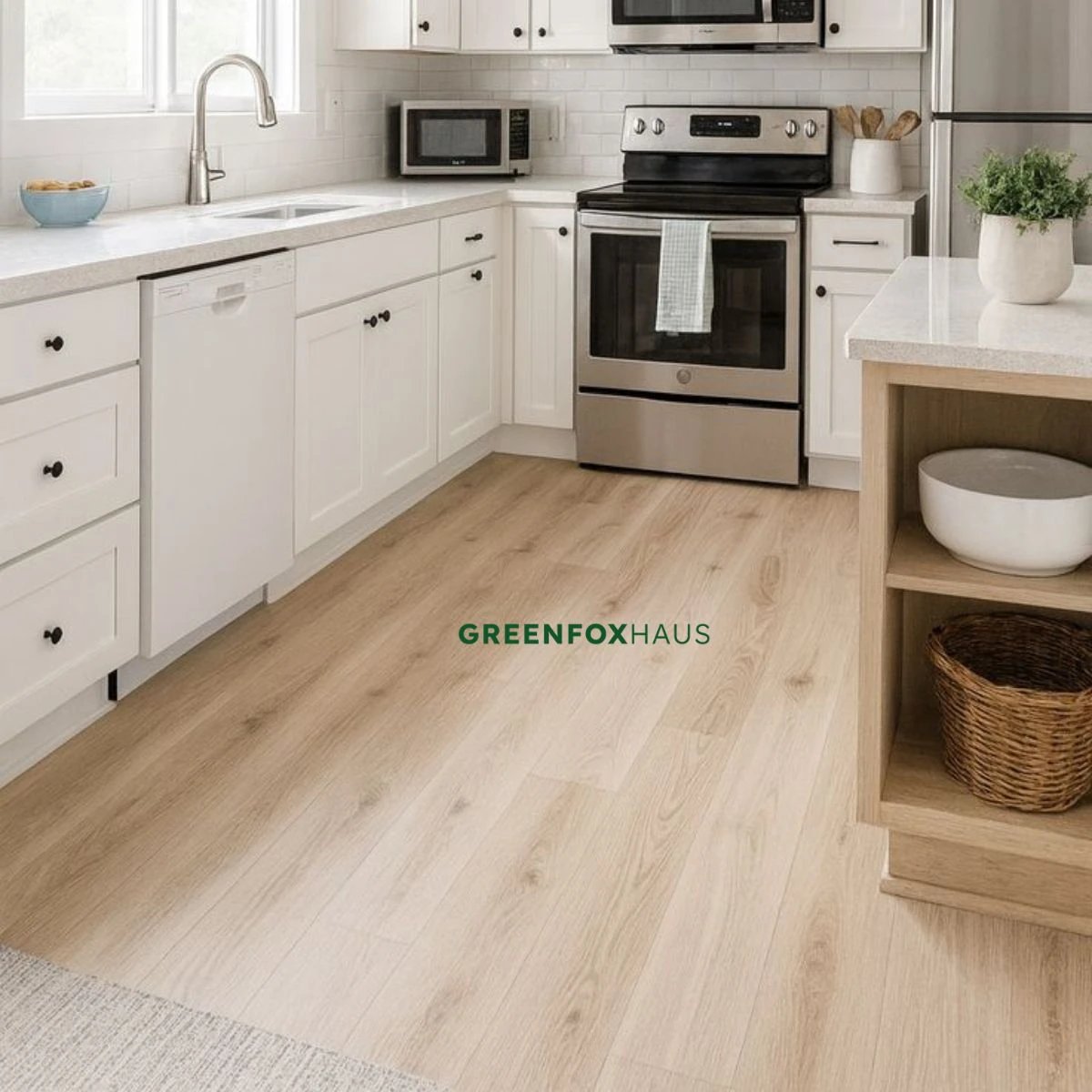 Gạch men giả gỗ lát nền nhà bếp màu be sáng chống bám bẩn và chống ố vàng hiệu quả