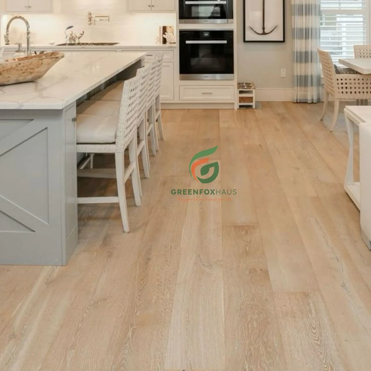 Gạch giả gỗ lát nền nhà bếp cao cấp với vân gỗ tự nhiên mang phong cách Scandinavian hiện đại