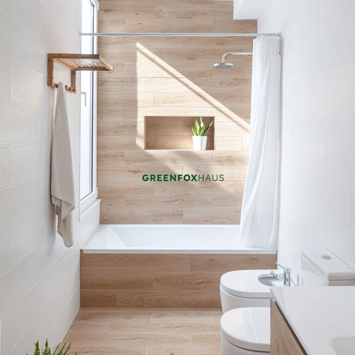 Gạch lát nền nhà tắm giả gỗ kết hợp gạch ốp tường vân gỗ tạo không gian spa hiện đại và thư giãn