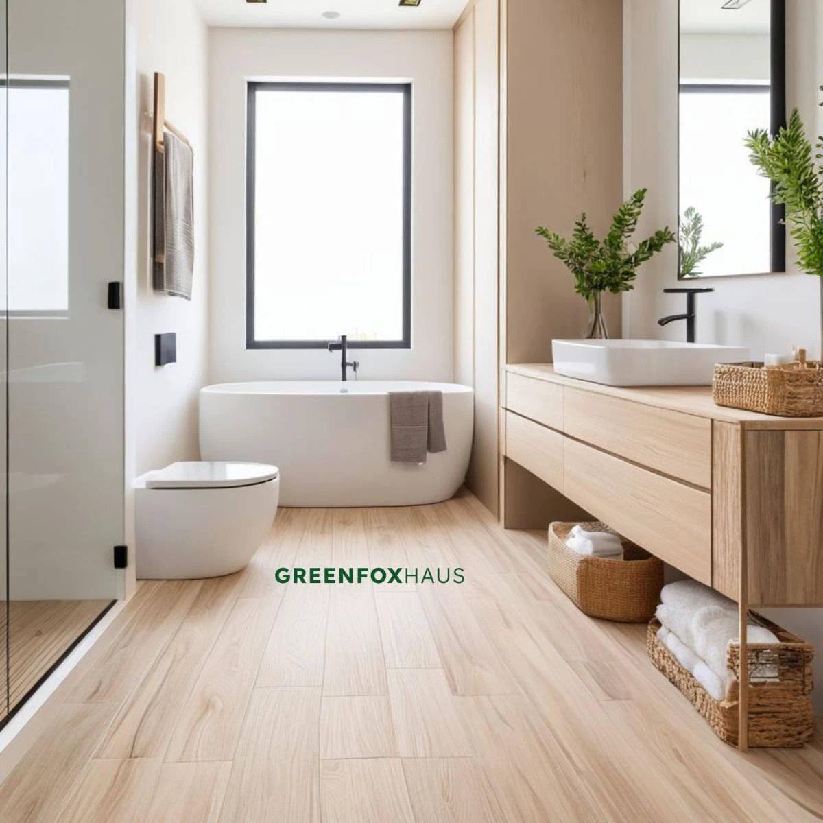 Gạch giả gỗ lát nền nhà tắm màu sáng phong cách tối giản tạo cảm giác rộng thoáng hiện đại
