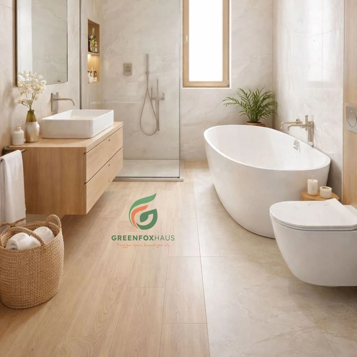 Gạch men giả gỗ lát nền phòng tắm cao cấp kết hợp nội thất gỗ tạo không gian thư giãn như spa