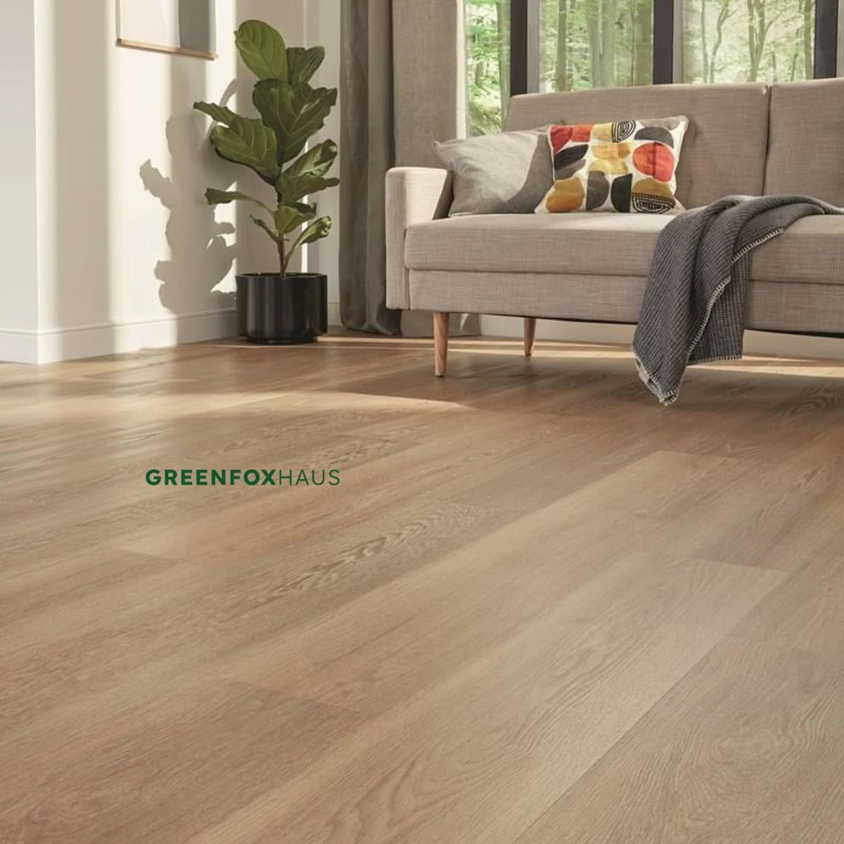 Gạch vân gỗ lát nền phòng khách tông nâu nhạt tự nhiên kết hợp nội thất tối giản hiện đại
