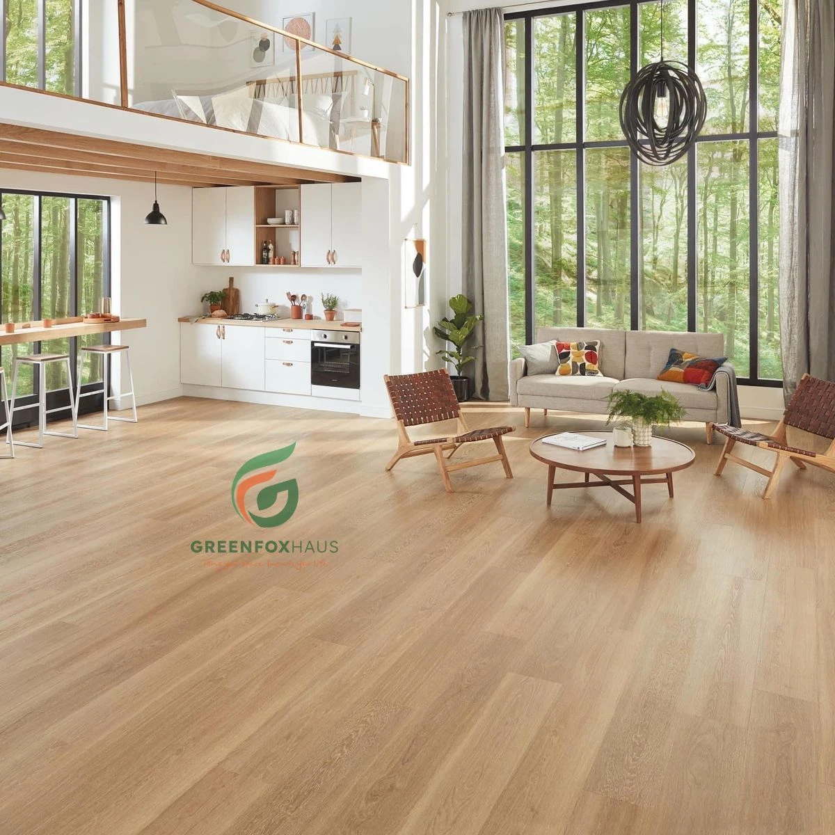 Sàn gạch giả gỗ lát xuyên suốt phòng khách không gian mở với tông màu gỗ sáng sang trọng