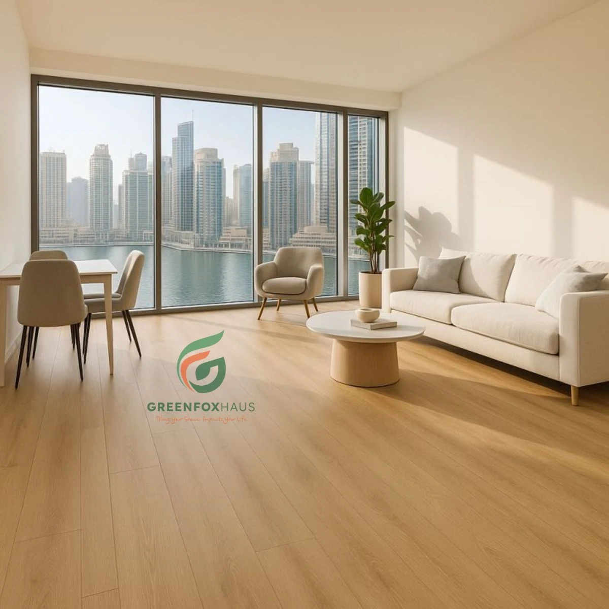 Gạch men giả gỗ lát nền phòng khách căn hộ hiện đại với ánh sáng tự nhiên và tông màu ấm