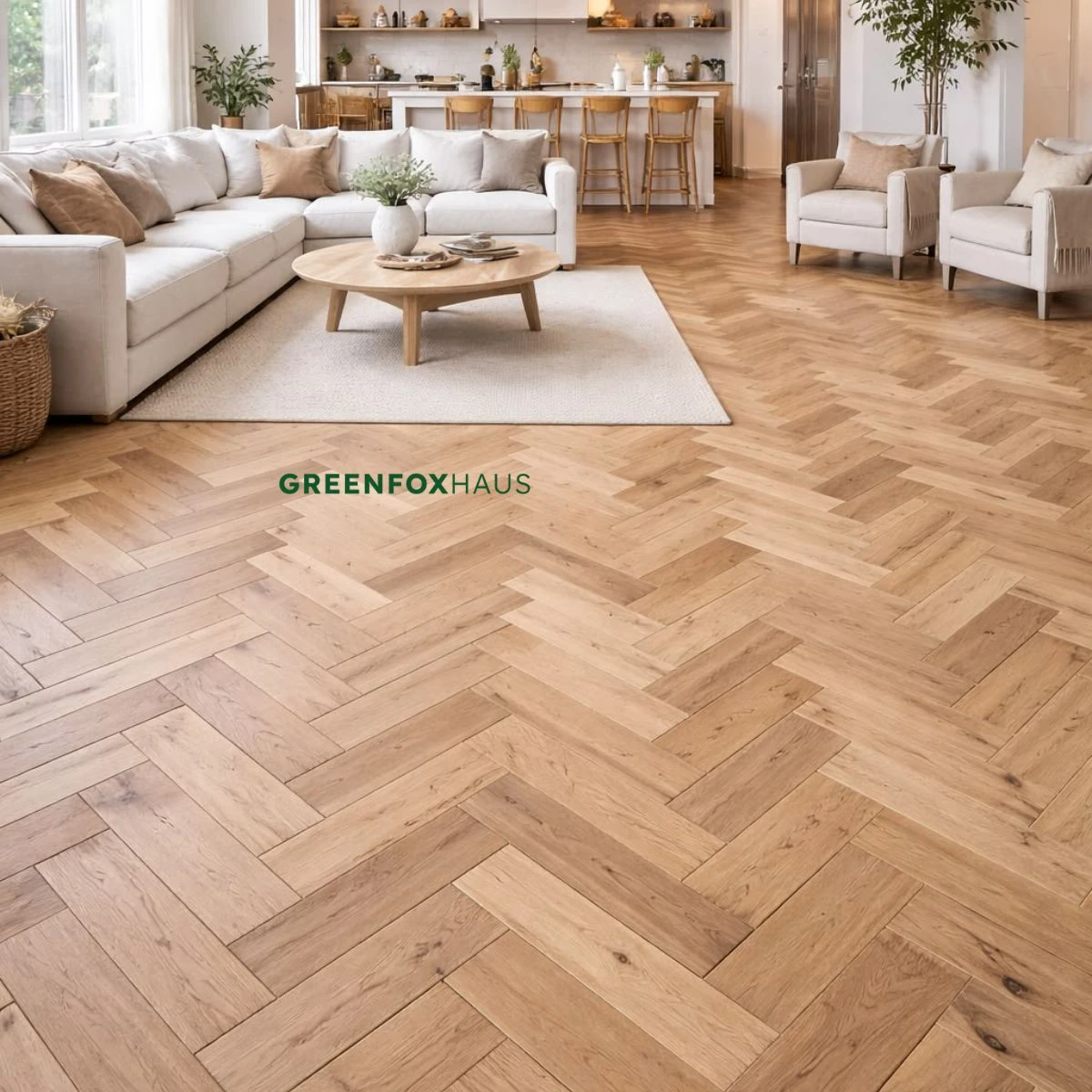 Gạch vân gỗ lát xương cá phòng khách phong cách Scandinavian sang trọng và hiện đại