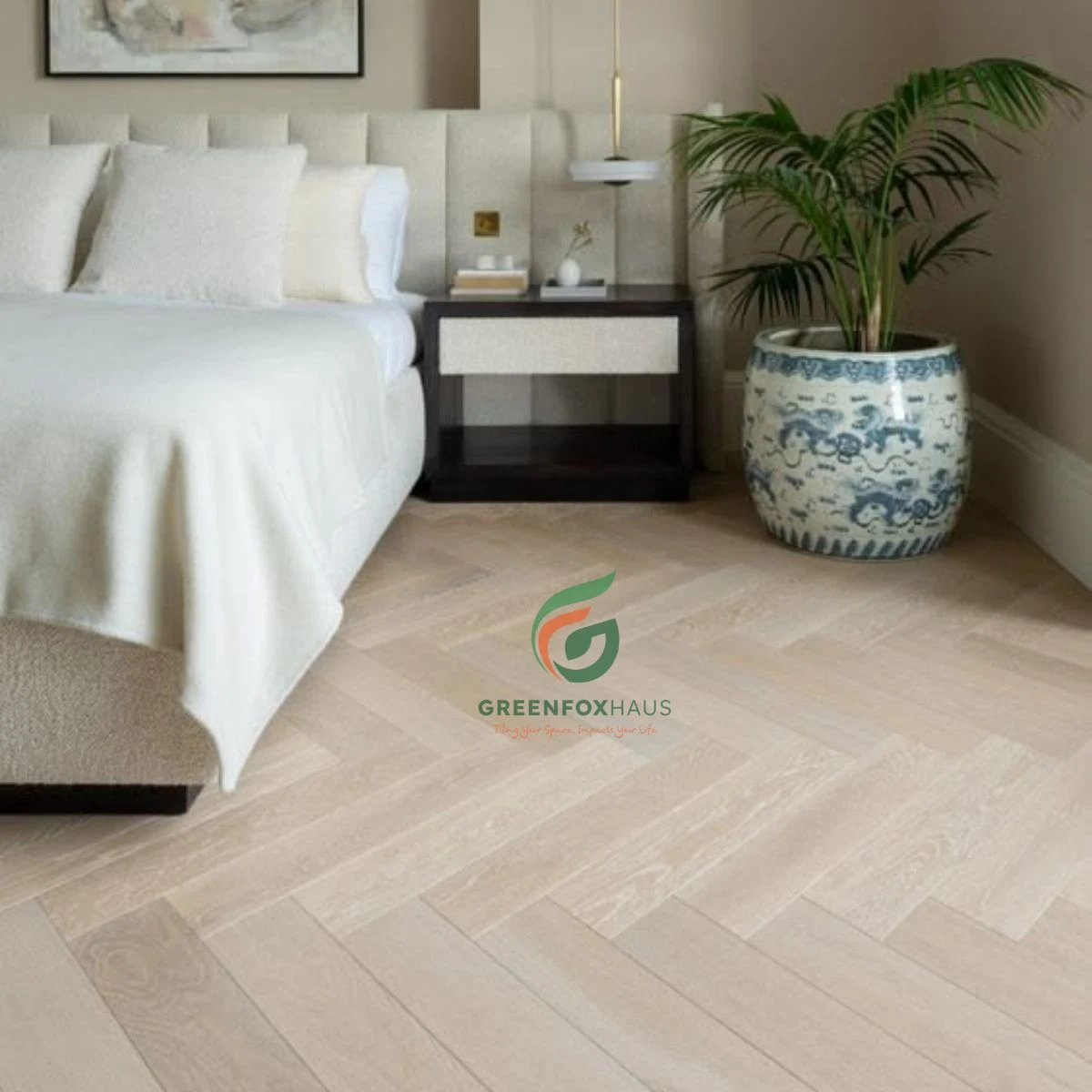 Gạch porcelain giả gỗ lát xương cá màu sáng cho phòng ngủ tối giản phong cách Wabi Sabi
