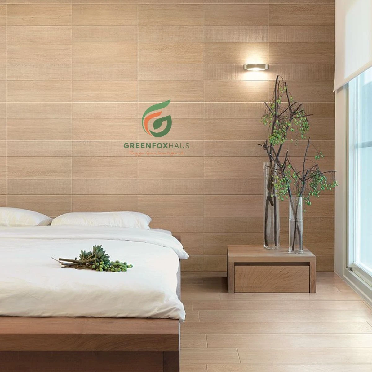 Gạch vân gỗ ốp tường phòng ngủ hiện đại kết hợp lát nền giả gỗ tông màu ấm tinh tế