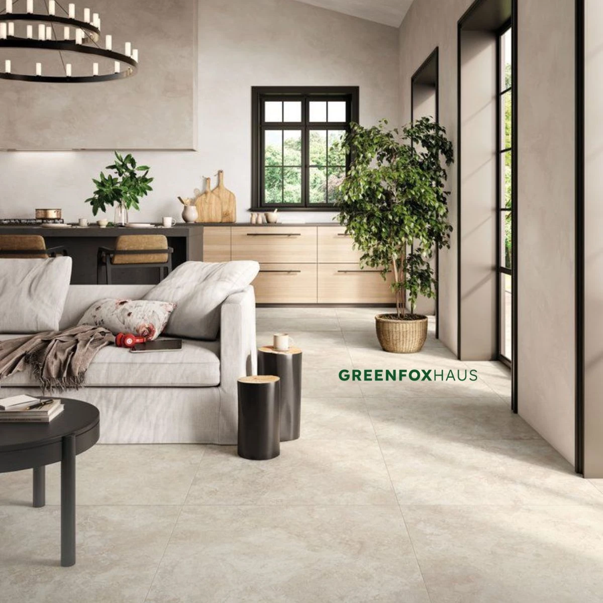 Mẫu gạch giả đá màu kem hiện đại lát nền phòng khách với bề mặt gạch vân đá tự nhiên chân thực cao cấp