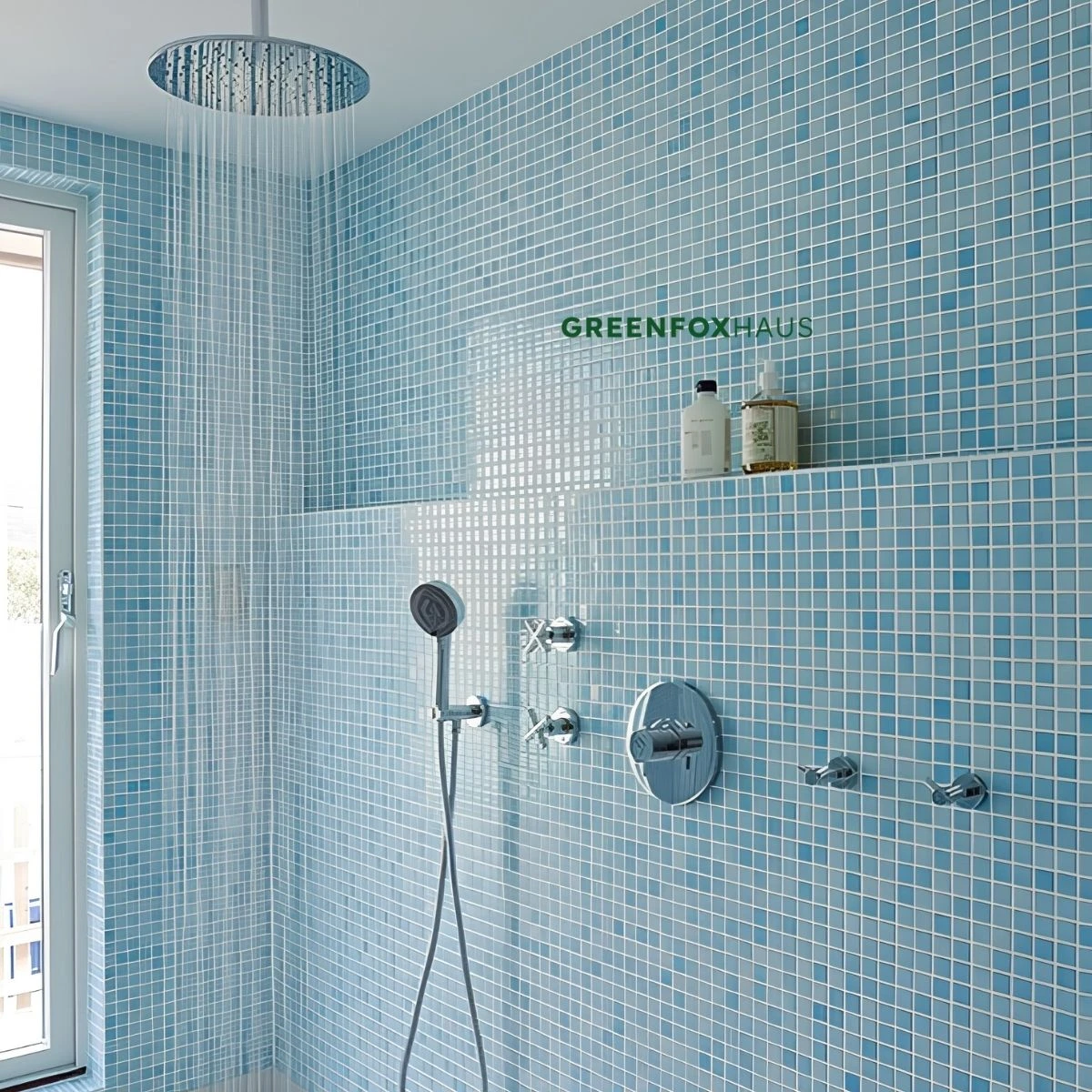 Gạch mosaic ốp tường phòng tắm màu xanh pastel tạo hiệu ứng ánh sáng hiện đại cho không gian thư giãn
