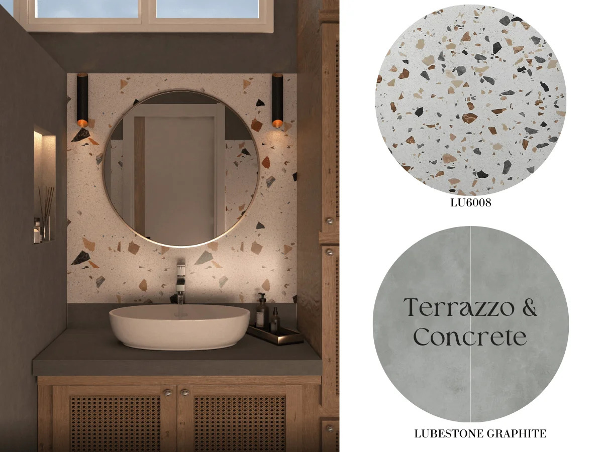 Gạch Terrazzo LU6008 kết hợp gạch xi măng LUBESTONE GRAPHITE