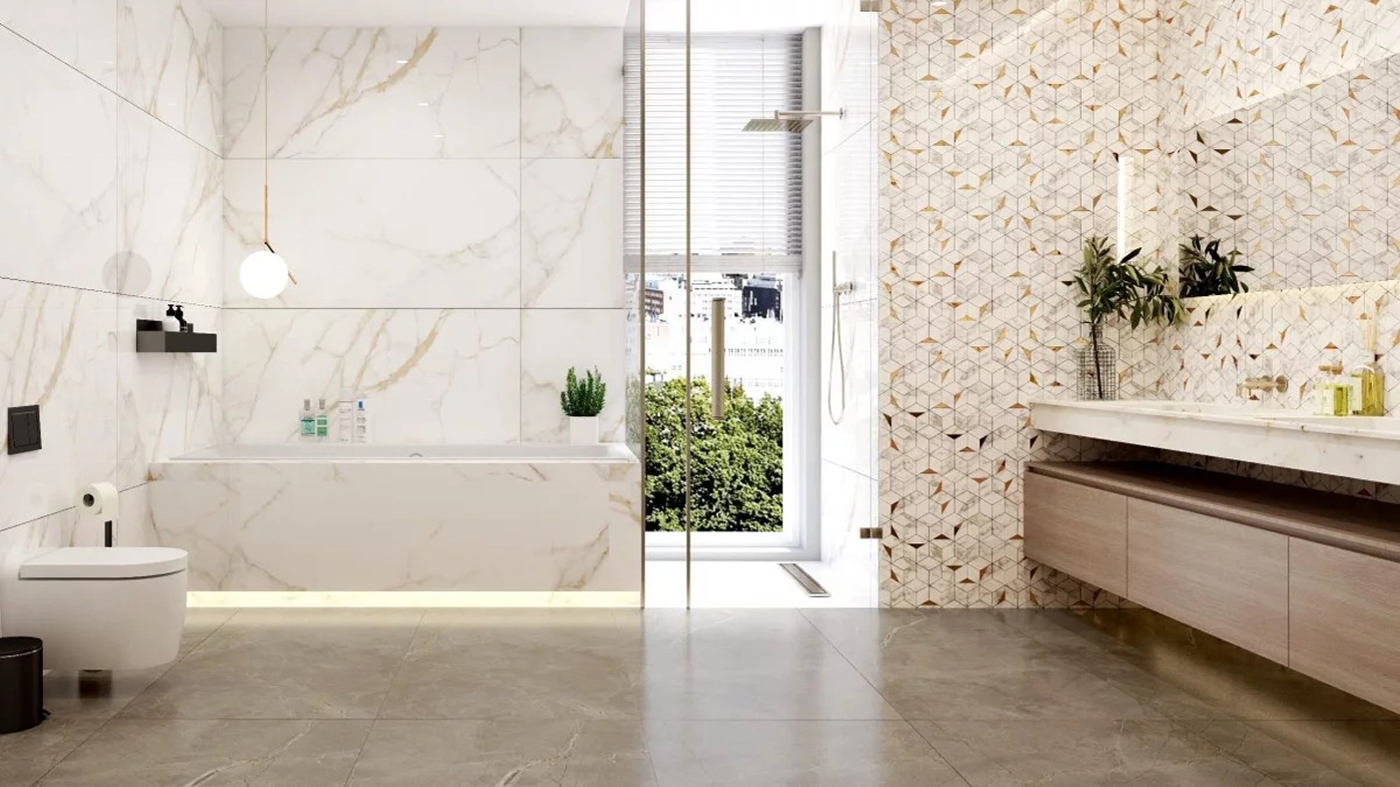 Mẫu gạch trang trí lục giác phối cùng gạch vân đá marble tự nhiên