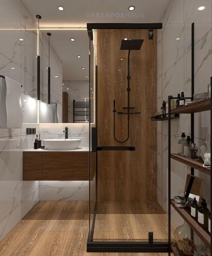 Mẫu gạch ốp nhà vệ sinh 30×60 trắng vân mây phối cùng gạch giả vân gỗ