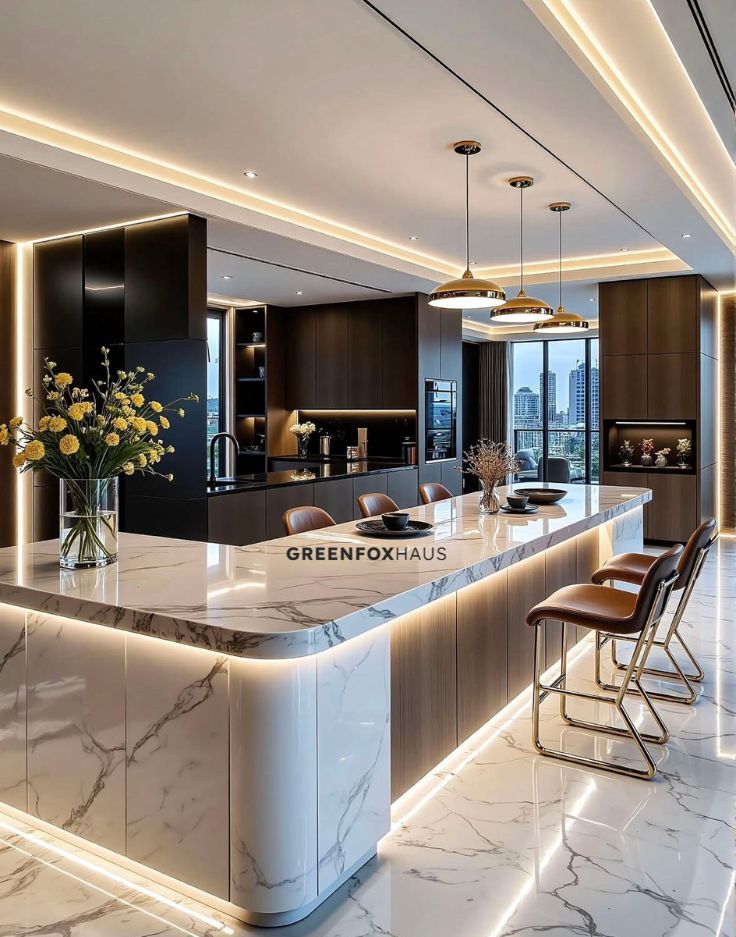 Gạch mable trắng kết hợp cùng đá mable ốp mặt bếp, tạo không gian liền mạch