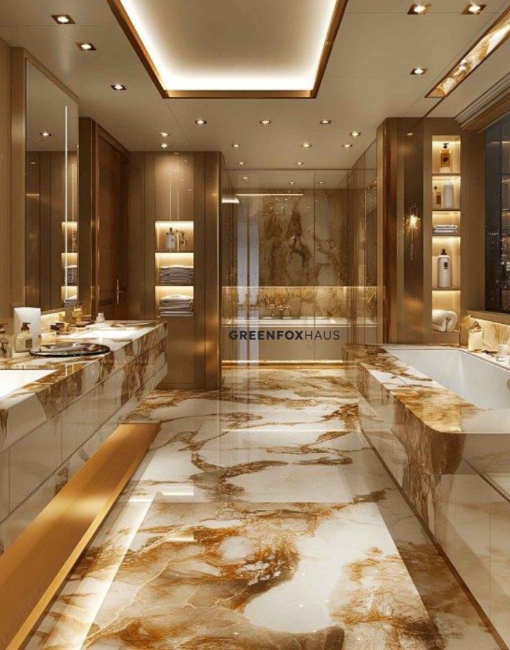 Gạch marble tông trắng vàng được dùng để ốp tường và lát nền phòng tắm