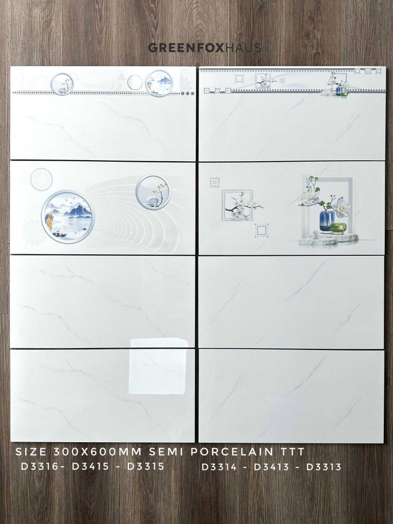 Bộ Gạch ốp tường 30x60 bề mặt bóng, màu trắng vân nhẹ, kết hợp cùng viên điểm.