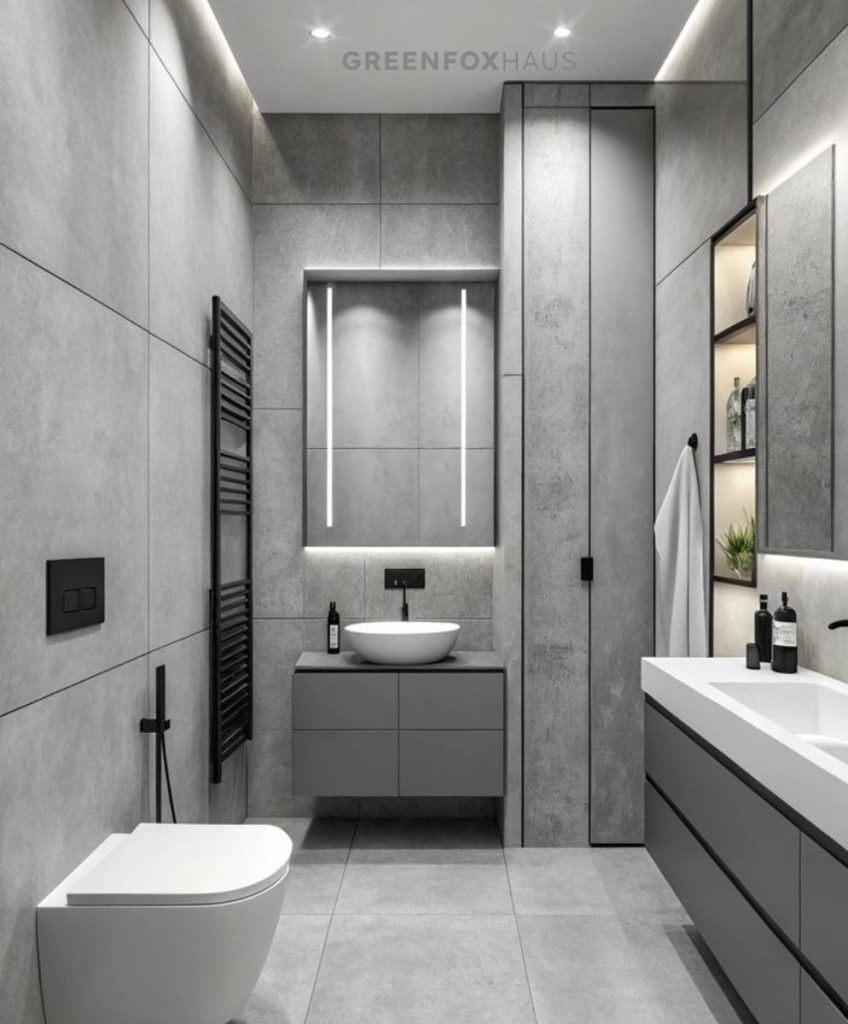 Phối cảnh sử dụng gạch ốp tường và gạch lát nền tông xám