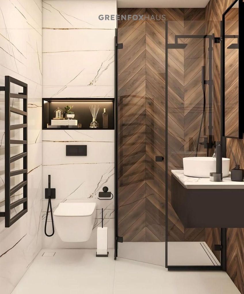 Gạch ốp tường 30×60 vân tia chớp màu trắng phối cùng gạch giả gỗ giúp không gian trở nên sáng hơn, sang trọng và gọn gàng, tạo cảm giác ấm áp nhưng vẫn hiện đại.