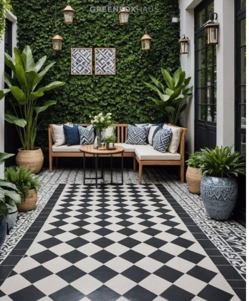 Lát gạch bông 30×30 xen kẽ trắng–đen, nhấn viền đen để tăng chiều sâu thị giác và “định hình” khu vực sân.