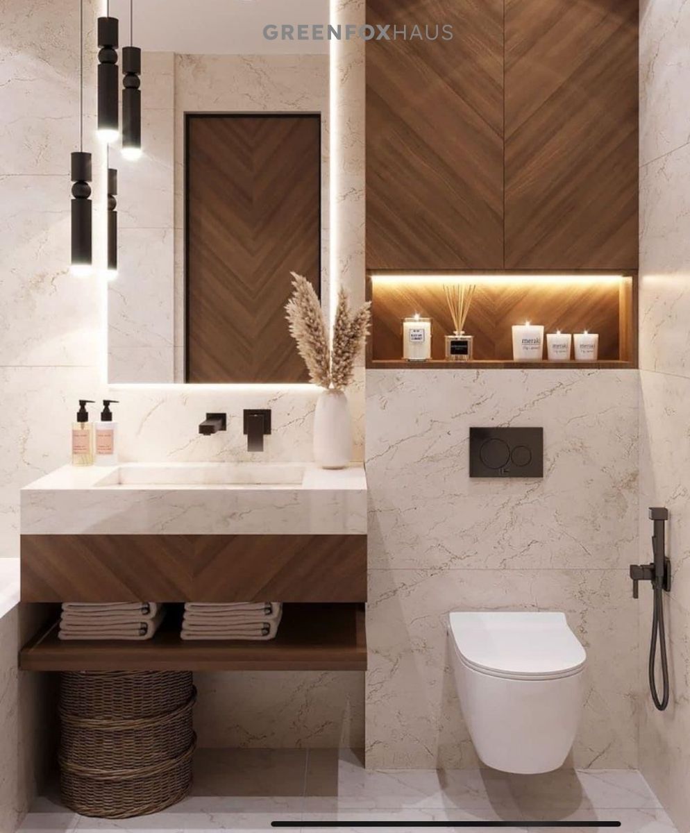 Gạch ốp tường 30×60 vân tia chớp màu trắng phối cùng gạch giả gỗ giúp không gian trở nên sáng hơn, sang trọng và gọn gàng, tạo cảm giác ấm áp nhưng vẫn hiện đại.