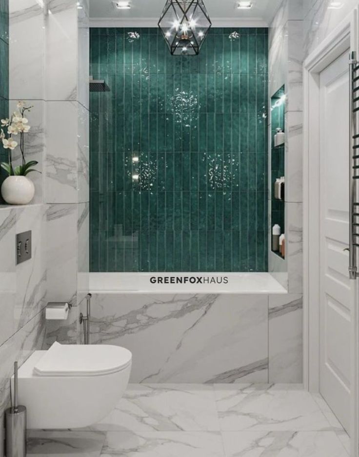 Gạch Marble kết hợp cùng gạch thẻ xanh ngọc cho toilet 