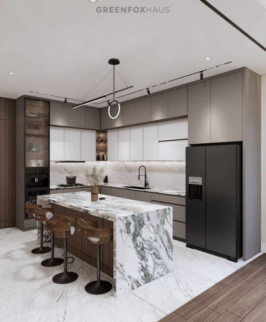 Sự phối hợp giữa gạch trắng vân mây cùng nội thất tông xám tạo nên tổng thể hài hòa, tinh tế và mang đậm nét hiện đại.