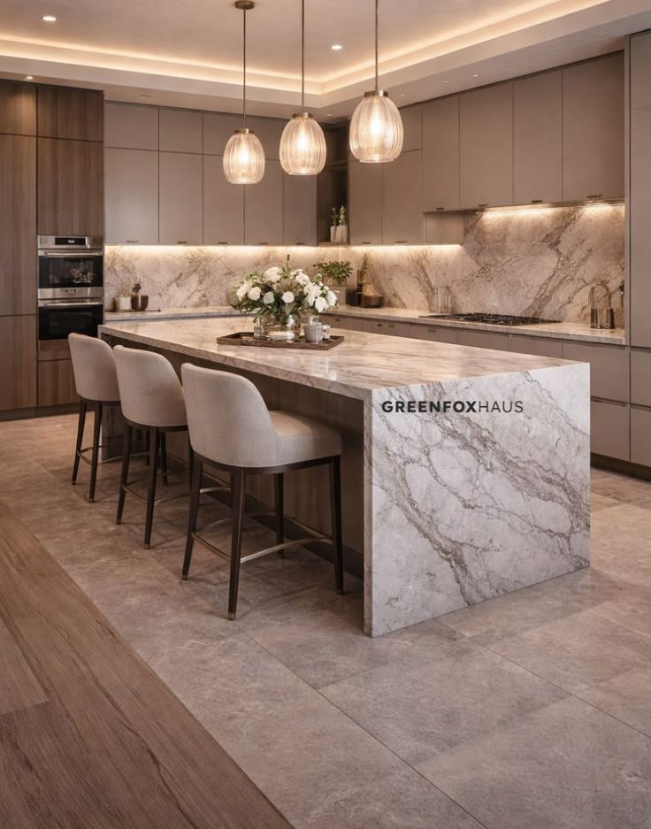 Mẫu gạch marble tông xám nhạt kết hợp cùng nội thất tông xám nhạt tạo hiệu ứng đồng màu