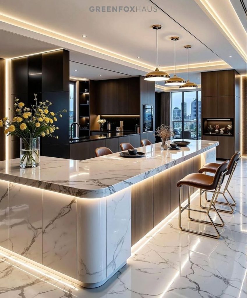 Gạch vân marble trắng kết hợp cùng nội thất tông nâu trầm mang đến cảm giác sang trọng, ấm áp và tạo chiều sâu cho không gian. Ngoài ra, sự kết hợp này còn giúp không gian trở nên cân bằng giữa nét tinh tế và sự ấm cúng, phù hợp với những thiết kế theo phong cách hiện đại hoặc bán cổ điển.