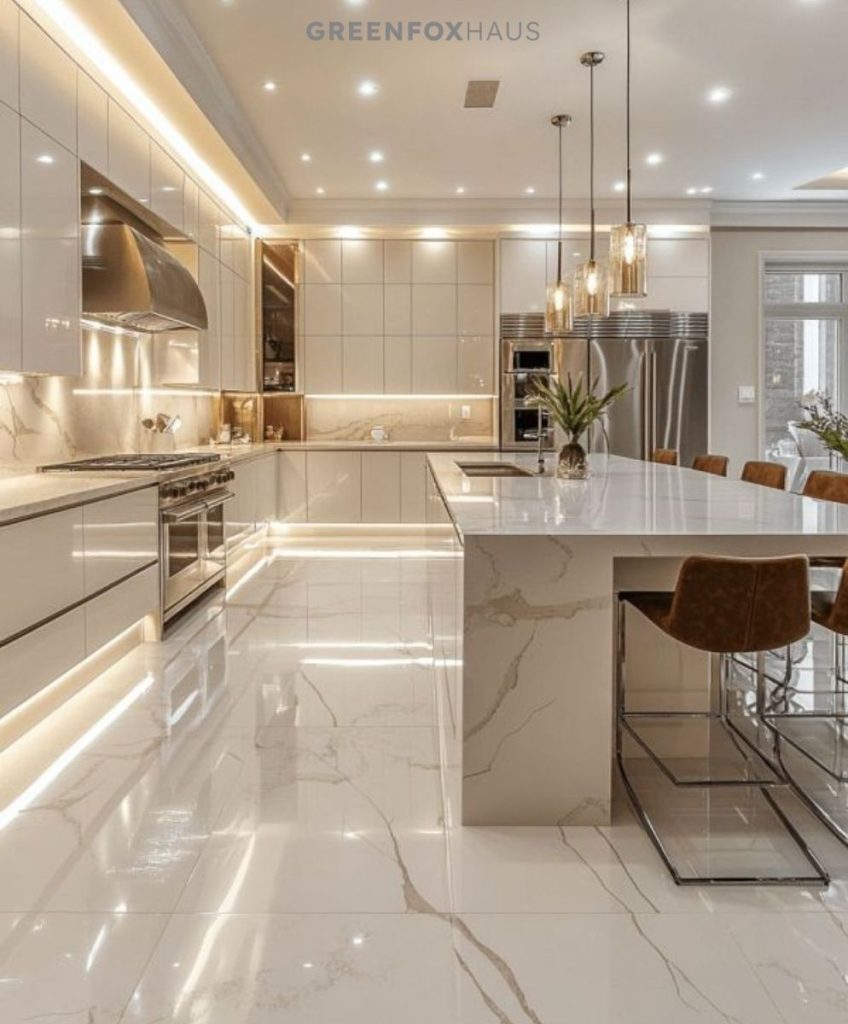 Gạch vân marble trắng phối cùng nội thất tông trắng tạo hiệu ứng “tone-sur-tone” tinh tế, giúp không gian sáng bừng, cảm giác rộng thoáng hơn và giữ được vẻ sang trọng tối giản; chỉ cần nhấn thêm đèn vàng ấm hoặc vài chi tiết kim loại/đá tự nhiên là tổng thể sẽ nổi bật mà không bị đơn điệu.