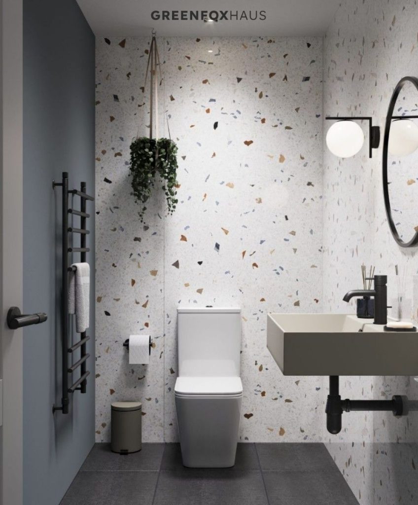 Ốp tường bằng gạch terrazzo hạt lớn tạo điểm nhấn cá tính, mang lại cảm giác hiện đại, trẻ trung và giúp không gian trông “có chất” hơn.