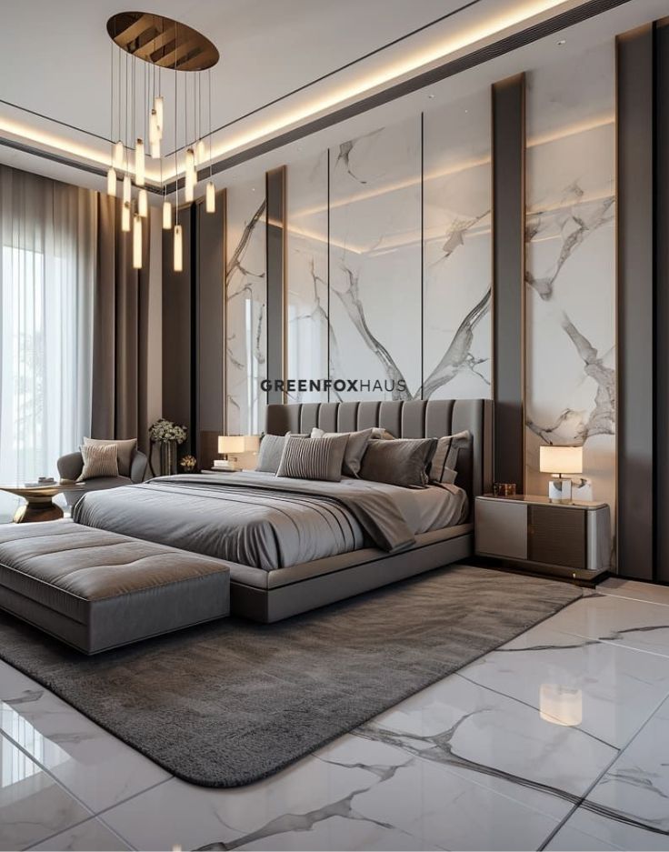 Sự kết hợp gạch marble cho nền và vách tường phòng ngủ