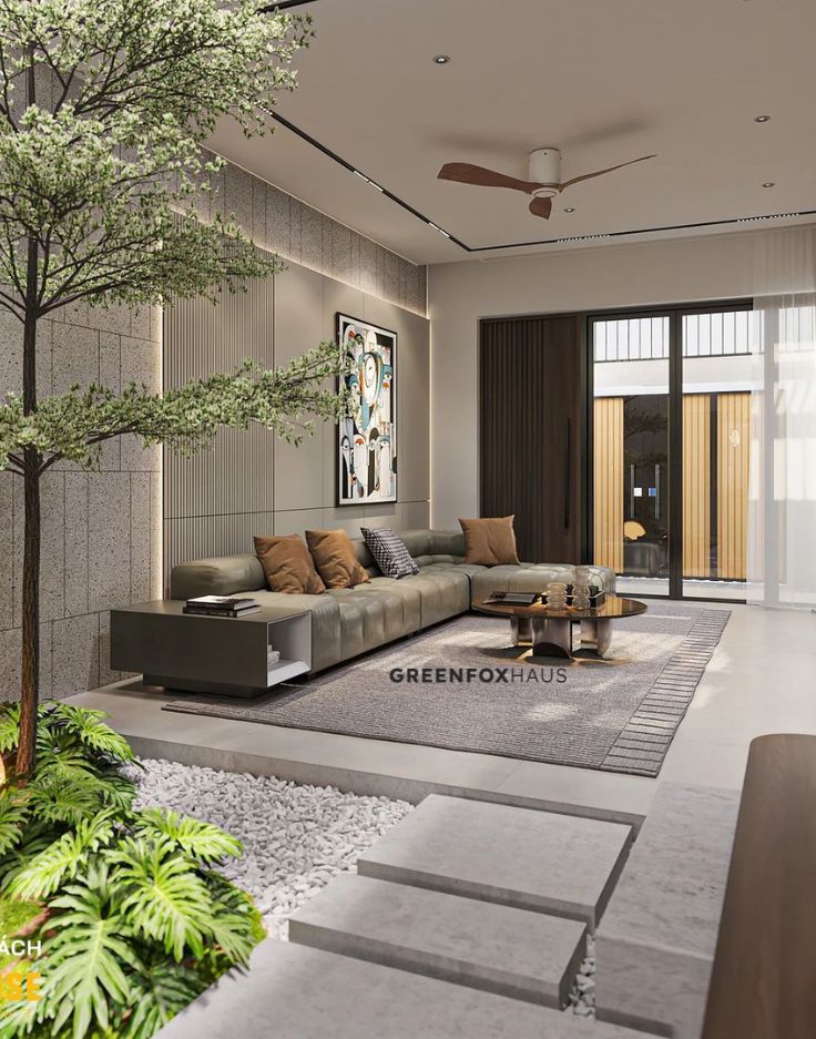 Gạch ốp lát vân xi măng màu xám nhạt cho phòng khách hiện đại