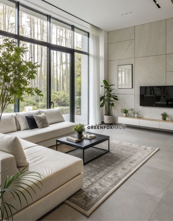 Gạch lát nền vân xi măng màu xám cho phòng khách phong cách tối giản