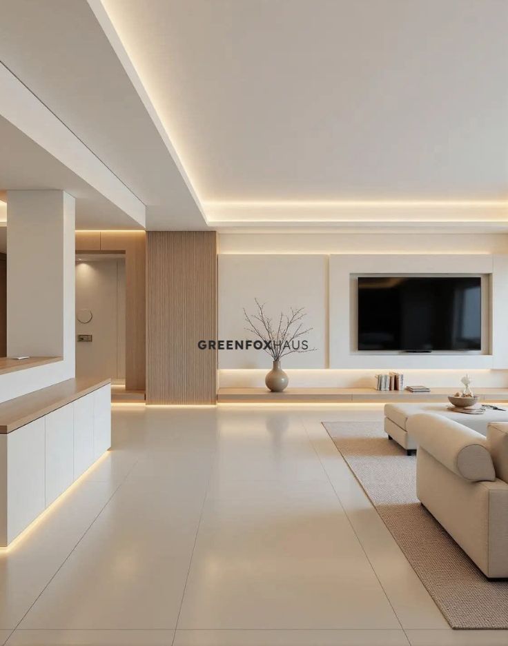 Gạch lát nền vân xi măng màu kem cho phòng khách hiện đại