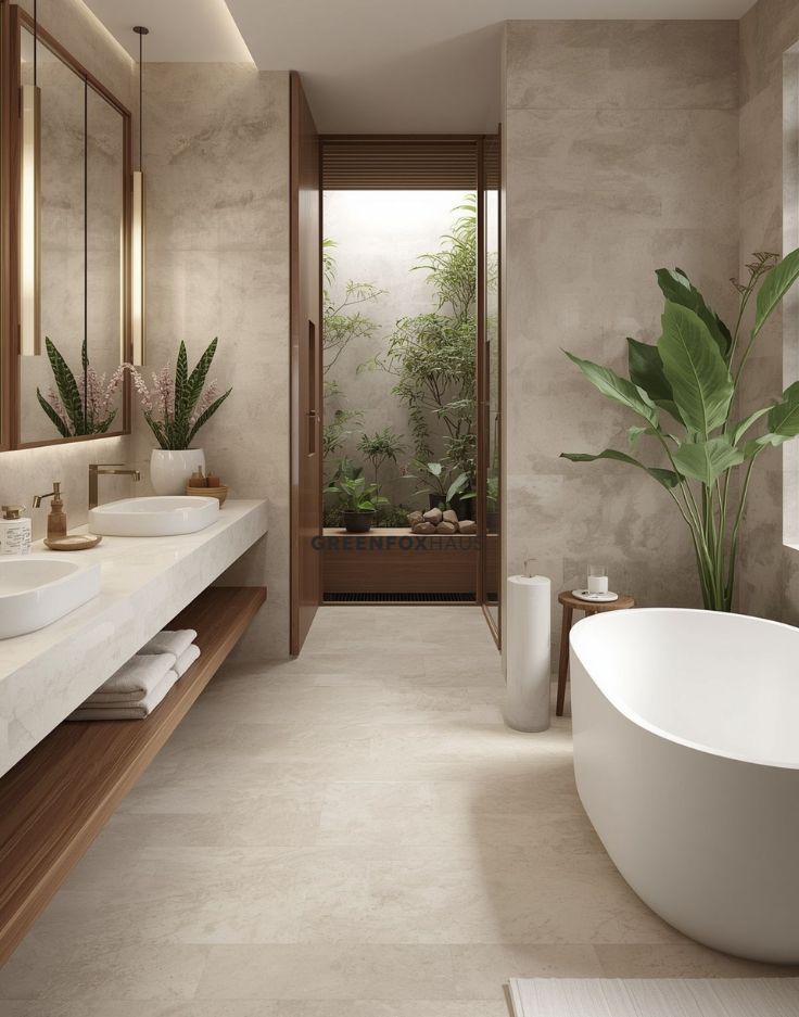 Gạch lát nền phòng tắm vân đá màu be phong cách tự nhiên