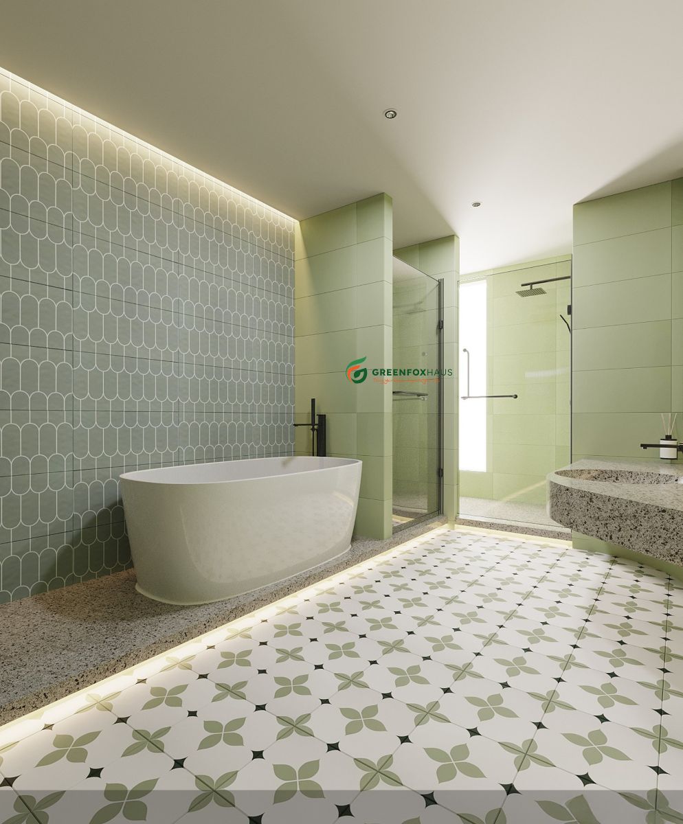 Sử dụng gạch bông lót nên tông xanh lá, mix cùng gạch giả thẻ trang trí 30x60 ốp tường