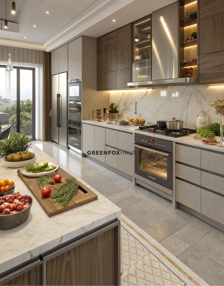 Gạch ốp lát phòng bếp màu xám hiện đại