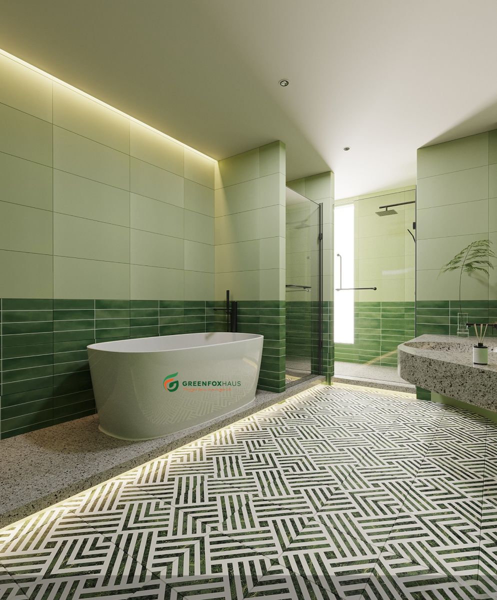 Sử dụng gạch tông xanh lá đậm nhạt cho tường và nền toilet