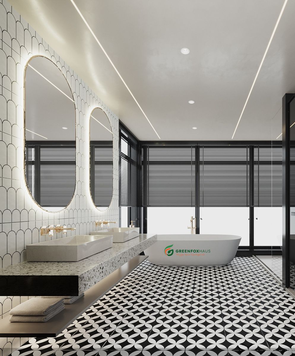 Sử dụng gạch tông trắng đen cho toilet