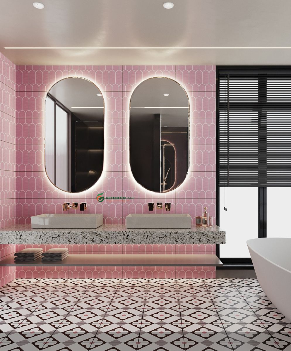 Sử dụng gạch bông lót nên tông hồng, mix cùng gạch giả thẻ trang trí 30x60 ốp tường