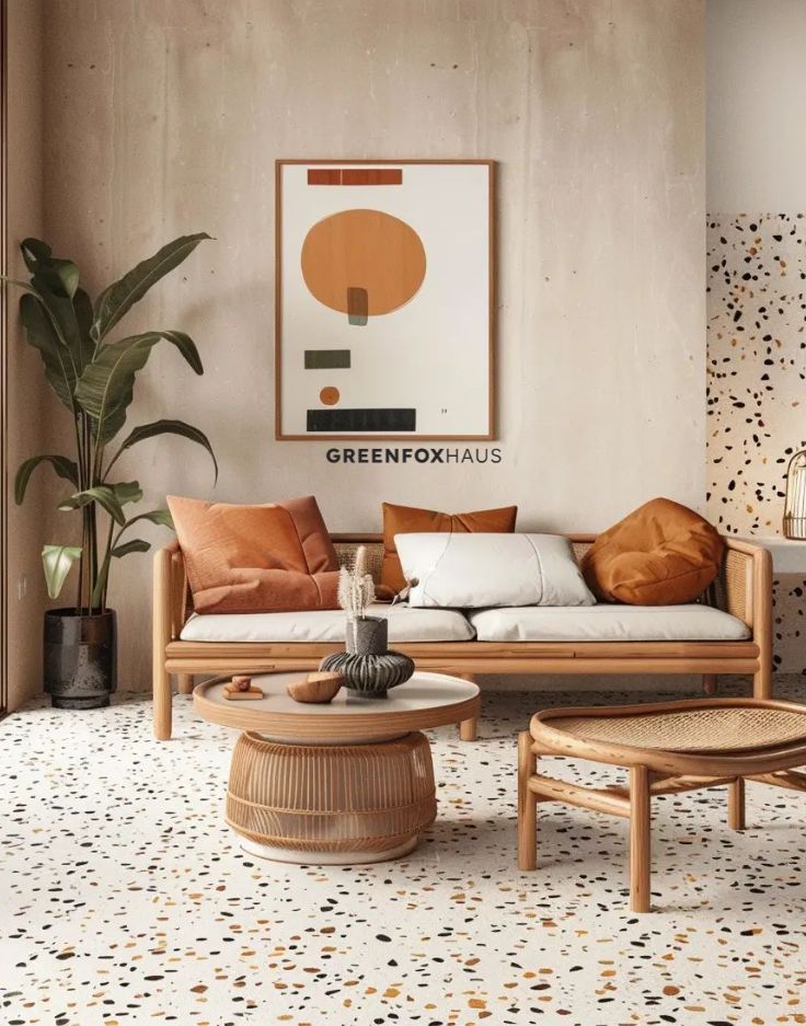 Gạch ốp lát vân terrazzo phòng khách phong cách hiện đại