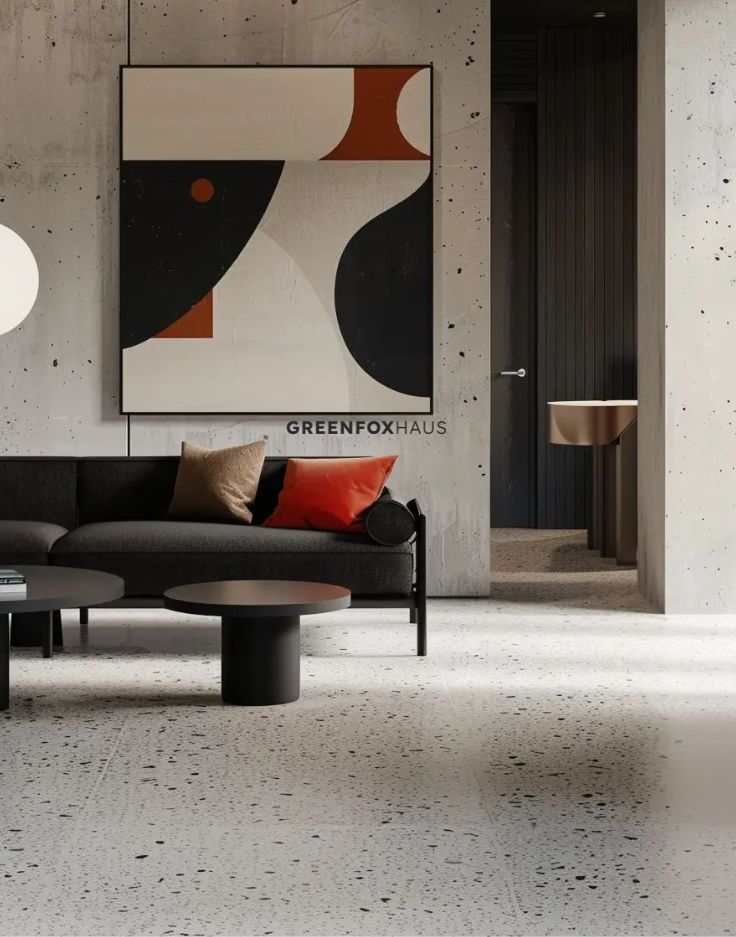 Gạch ốp lát vân terrazzo màu sáng cho phòng khách